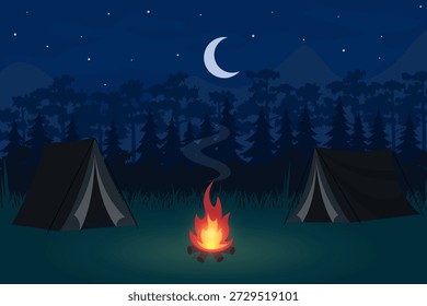acampar e fogueira na floresta ao luar