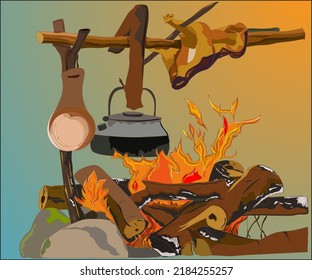 camping, bonfire and grilled chicken