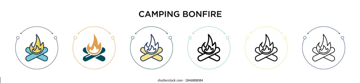Camping bonfire icon in filled, thin line, outline and stroke style. Vector illustration of two colored and black camping bonfire vector icons designs can be used for mobile, ui, web