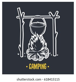 Camping, bonfire illustration. Vector logotype isolated on dark background.