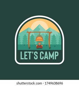 Camping Bonfire Outdoor Adventure Badges Patch Sticker Emblem Mountain Camp Illustration