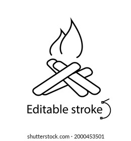 Camping bonfire outline icon. Customizable linear contour symbol. Editable stroke. Isolated vector stock illustration