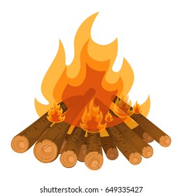Camping bonfire from tree trunks vector illustration isolated on white