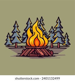 camping bonfire with tree  vector illustration