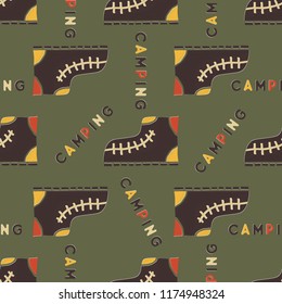 Camping boot seamless pattern. Mixed flat with disstressed style. Simple hiking equipment design. Stock vector wallpaper background isolated on green