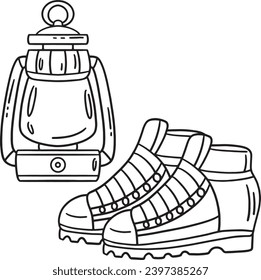 Camping Boots and Lamp Isolated Coloring Page 
