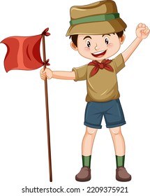 Camping boy holding flag illustration