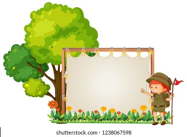 Camping boy on wooden banner illustration