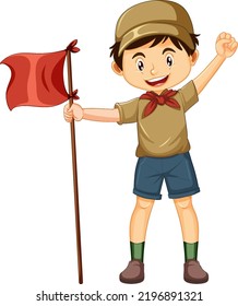 Niño acampando con bandera roja en ilustración de fondo blanco