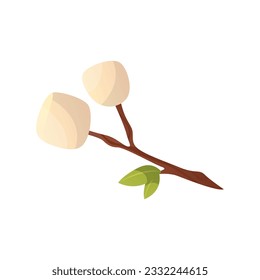 Camping branch with marshmallow. Active recreation, tourists, summer vacation. Traveler camp at nature trees. Hiking, travel activity. Vector