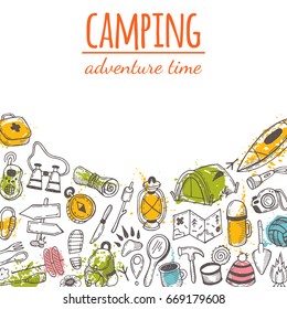 Camping brochure flyer design. Adventure time. Hand drawn vector illustration. Flashlight, marshmallow, camera, compass, backpack, tent, ax, rope, road sign, binoculars. For poster, banner, placard.