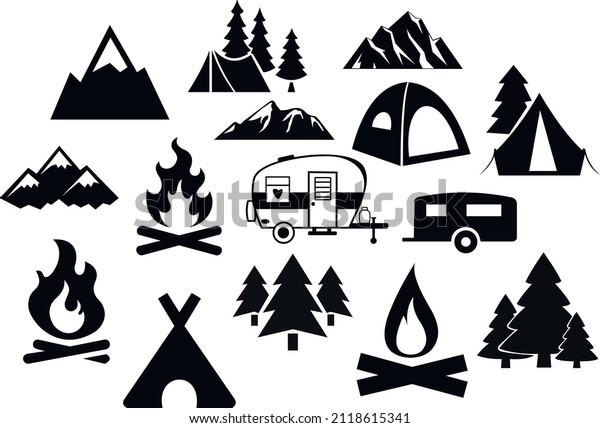 camping bundle svg vector Illustration isolated\
on white background. camping and chill, active\
recreation,leisure,travel,rest near the fire with friends,campaign\
with family,print for\
T-shirt