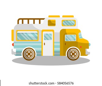 Camping bus or camper van motorhome car or vehicle vector isolated icon. Holiday trip or travel mobile coach