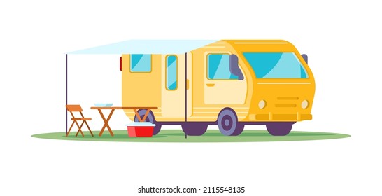 Camping bus caravan halt with tent and furniture for eating road trip recreation isometric vector illustration. Truck automobile transportation family summer journey vacation leisure activity isolated