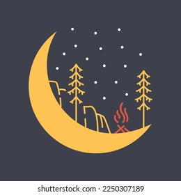 Camping by a Campfire on the Crescent Moon Monoline Design for Apparel