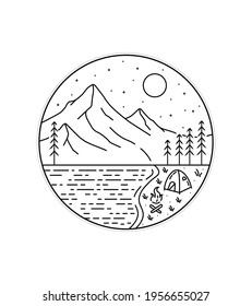 camping by the lake against the backdrop of the mountains in mono line art ,badge patch pin graphic illustration, vector art t-shirt design