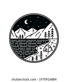 camping by the lake at crescent night wild line badge patch pin graphic illustration vector art t-shirt design
