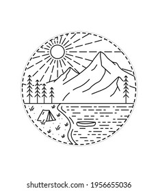 camping by the lake and under the mountains with canoe in mono line art ,badge patch pin graphic illustration, vector art t-shirt design