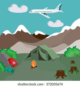 Camping by the mountains with campfire and tent