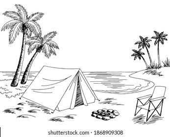 Camping by sea coast graphic black white landscape sketch illustration vector