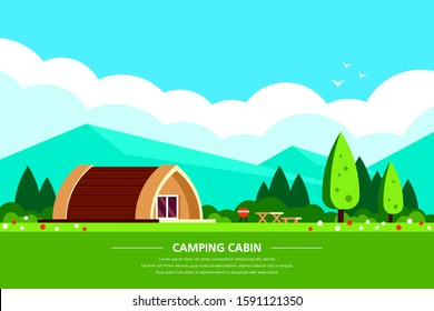 Camping cabin rental banner design. Outdoor recreation, adventures in nature, vacation. Camping, Climbing and Trekking concept. Flat style illustration.