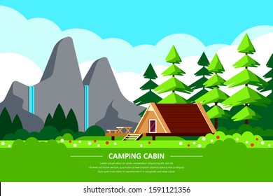 Camping cabin rental banner design. Outdoor recreation, adventures in nature, vacation. Camping, Climbing and Trekking concept. Flat style illustration.