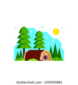 Camping cabin rental banner design. Outdoor recreation, adventures in nature, vacation. Camping, Climbing and Trekking concept. Flat style illustration.