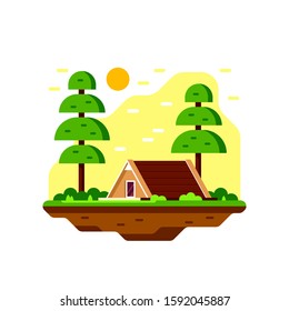 Camping cabin rental banner design. Outdoor recreation, adventures in nature, vacation. Camping, Climbing and Trekking concept. Flat style illustration.