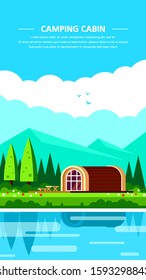 Camping cabin rental banner design. Outdoor recreation, adventures in nature, vacation. Camping, Climbing and Trekking concept. Flat style illustration.