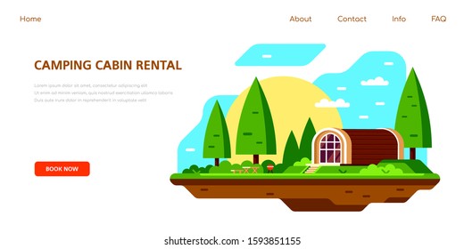 Camping cabin rental banner design. Outdoor recreation, adventures in nature, vacation. Camping, Climbing and Trekking concept. Flat style illustration.