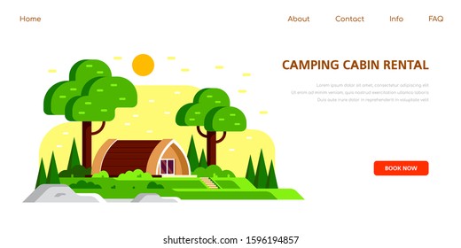 Camping cabin rental banner design. Outdoor recreation, adventures in nature, vacation. Camping concept. Flat style illustration.