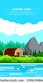 Camping cabin rental banner design. Outdoor recreation, adventures in nature, vacation. Flat style illustration.