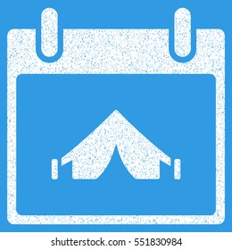 Camping Calendar Day grainy textured icon for overlay watermark stamps. Flat symbol with dirty texture. Dotted vector white ink rubber seal stamp with grunge design on a blue background.