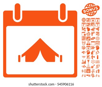 Camping Calendar Day pictograph with bonus calendar and time management symbols. Vector illustration style is flat iconic symbols, orange, white background.