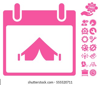 Camping Calendar Day pictograph with bonus setup tools pictures. Vector illustration style is flat iconic symbols, pink, white background.