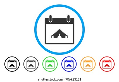 Camping Calendar Day vector rounded icon. Image style is a flat gray icon symbol inside a blue circle. Additional color variants are grey, black, blue, green, red, orange.