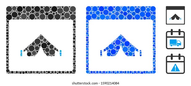 Camping calendar page composition of round dots in variable sizes and color tinges, based on camping calendar page icon. Vector round dots are composed into blue mosaic.