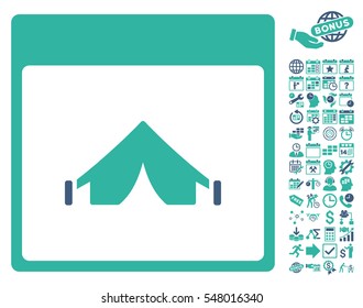Camping Calendar Page icon with bonus calendar and time management icon set. Vector illustration style is flat iconic symbols, cobalt and cyan, white background.