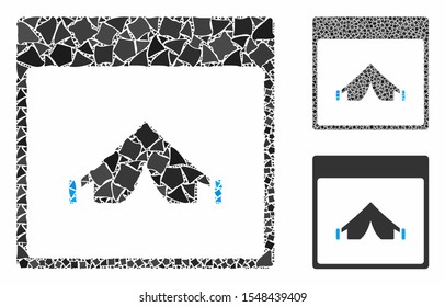 Camping calendar page mosaic of trembly items in different sizes and color hues, based on camping calendar page icon. Vector inequal items are united into collage.
