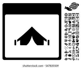 Camping Calendar Page pictograph with bonus calendar and time management pictograms. Vector illustration style is flat iconic symbols, black, white background.