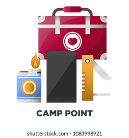 Camping or camp adventure tools vector icons