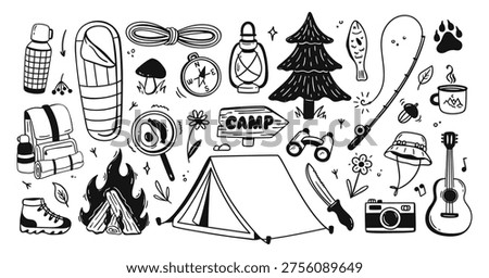 Camping camp hike, doodle trekking and backpack tent outdoor. Campfire flame lantern for compass rope sleeping and bag boots hat. Camping, binoculars knife for guitar fish.
