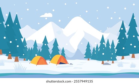 Camping Camp Tent with River Ice Mountain Landscape and Pine Trees in Snow Winter Season