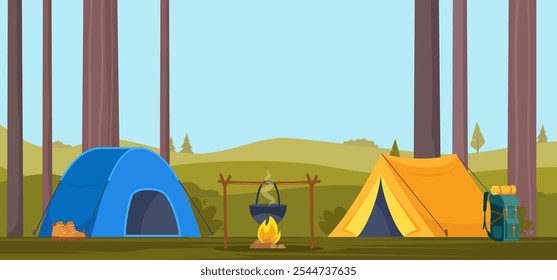 Camping. Camp tents, forest, campfire. Banner, poster for climbing, hiking sport, adventure tourism travel backpacking Vector illustration