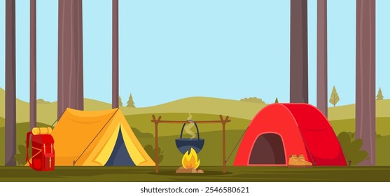 Camping. Camp tents, forest, campfire. Banner, poster for climbing, hiking sport, adventure tourism travel backpacking Vector illustration