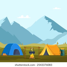 Camping. Camp tents, mountains, campfire. Banner, poster for climbing, hiking sport, adventure tourism travel backpacking Vector illustration