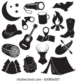 Camping, camp, trip, vacation icon set isolated on white background. Vector art.