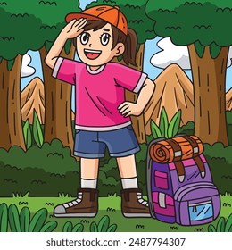 Camping Camper with Backpack Colored Cartoon 