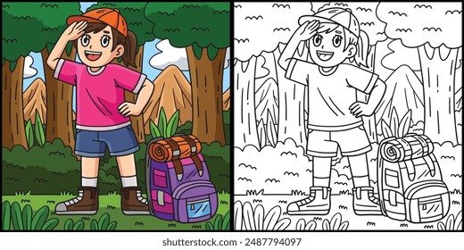 Camping Camper with Backpack Coloring Illustration