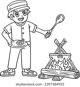 Camping Camper Boy Cooking Isolated Coloring Page 